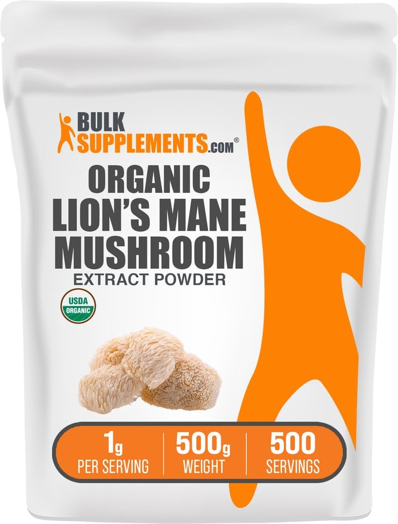 BulkSupplements.com Organic Lion 's Mane Mushroom Extract Powder - Mushroom Supplement, Suplement mózgu dla wsparcia pamięci i ostrości - Vegan, 1 g na Serving, 500g (1.1 lbs) (Opakowanie 1)