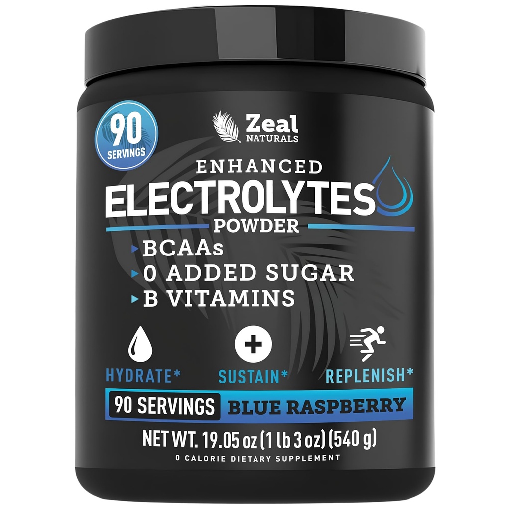 Zeal Naturals Electrolyte Powder Recovery Drink (90 Słupki 124; Błękitna Malina) w 0 Cukier + BCAA + B- Witaminy Suplement Elektrolitu w Potasu Cynk & Magnez do Hydracji - Keto Electrolytes