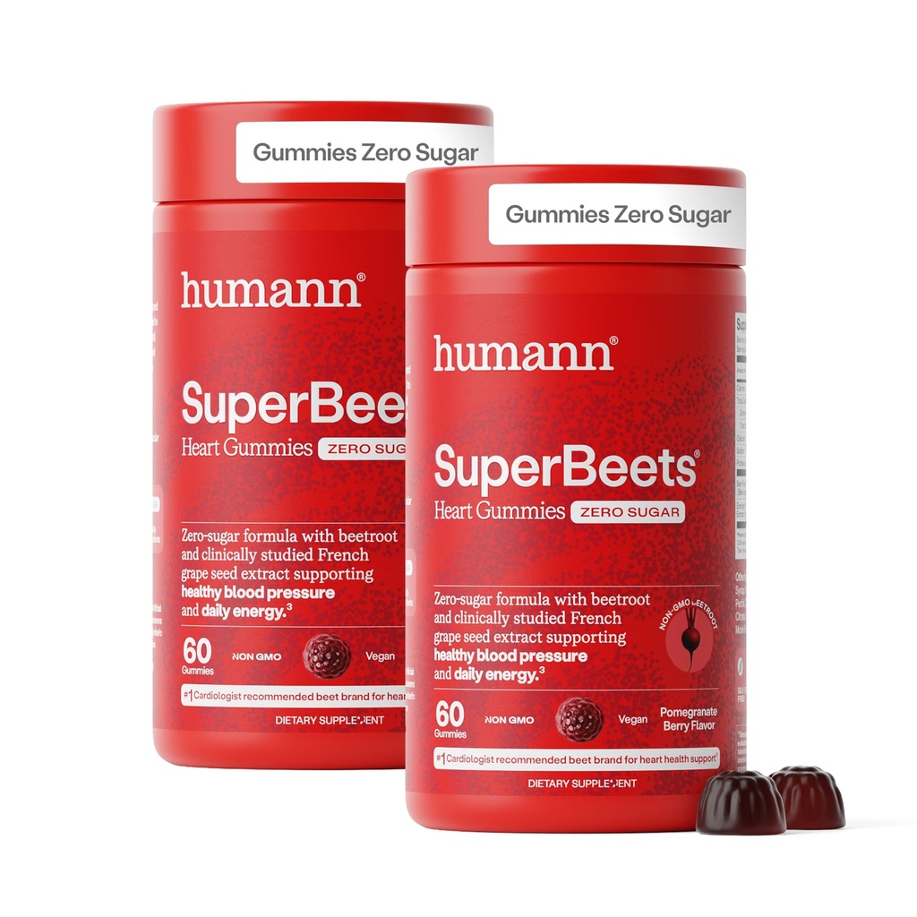 Humanin SuperBeets Gummies Heart - Gummy buraczane z Heart- Healthy Energy Support, Grape Seed Extract & Beetroot Powder, Cukier wolny - Pomegranat Berry Flavor, 120 Count