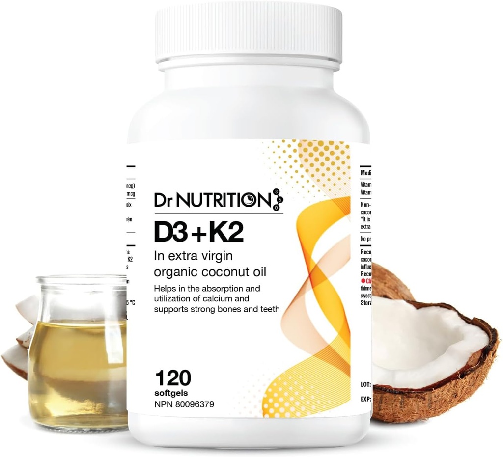Witamina D3 + K2 w organicznym oleju kokosowym, Witamina K2 MK7 + D3 (1000j.m), Rapid Bone and Heart Health Formula, Pomaga Absorbować i wykorzystać wapń, Wspiera odporność, Poprawia nastrój - 120 Softgels