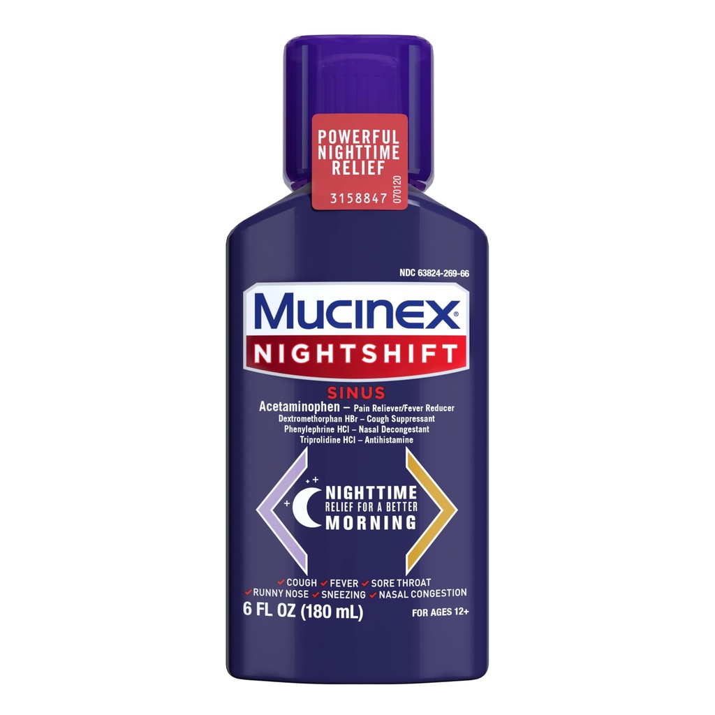 Mucinex Nightshift Sinus, Cold and Flu Cough Medicine Dla dorosłych, Silny Nighttime Sinus Medicine Dla Sinus Relief, ból gardła Relief, Cough Suppressant & Nasal Decongestant Dla dorosłych, 6 Fl Oz