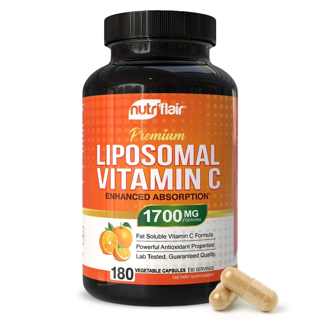 Nutric Flair Liposomal Witamina C 1700mg, 180 Kapsułki - Wysoka absorpcja, Tłuszcz Rozpuszczalny VIT C, Wyższa Biodostępność Wsparcie układu immunologicznego & Kolagen Booster, Non-GMO, Wegańskie tabletki