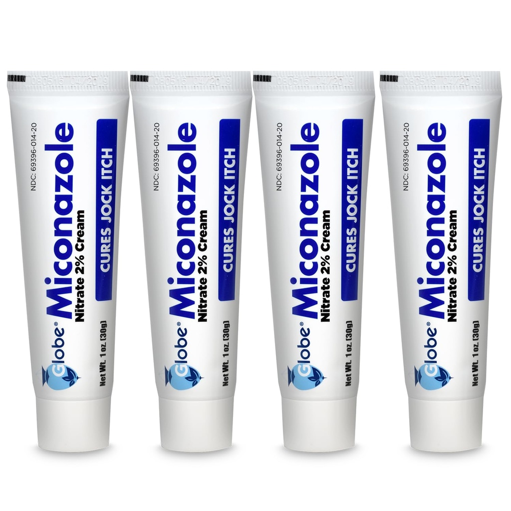 Globe (4 opakowania) Mikonazol azotan 2% krem przeciwgrzybiczy, Leczy Najbardziej Sportowe Stopy, Jock Itch, Ringworm i więcej. 1 OZ Tube