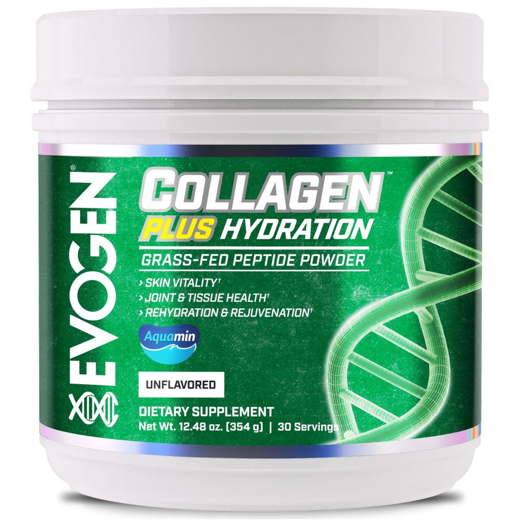 Evogen Collagen Plus Hydration - Kolagen pokarmowy dla kobiet i mężczyzn 124; Kolagen Peptydów w proszku 124; Kolagen Proszek wspierający Witalność skóry, Nawodnienie, Joint & Tissue Health 124; Niesmakowane 124; 30 Służenie
