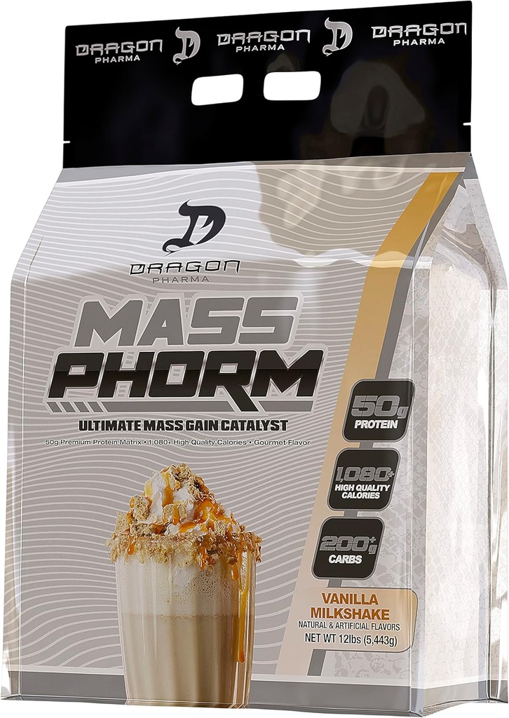DRAGON PHARMA Mass Phorm, Ultimate Mass Gain Catalyst, 50g Protein Matrix, 200g złożonych węglowodanów, Ponad 1000 Calories per serving (20 Servings, Vanilla Milkshake)
