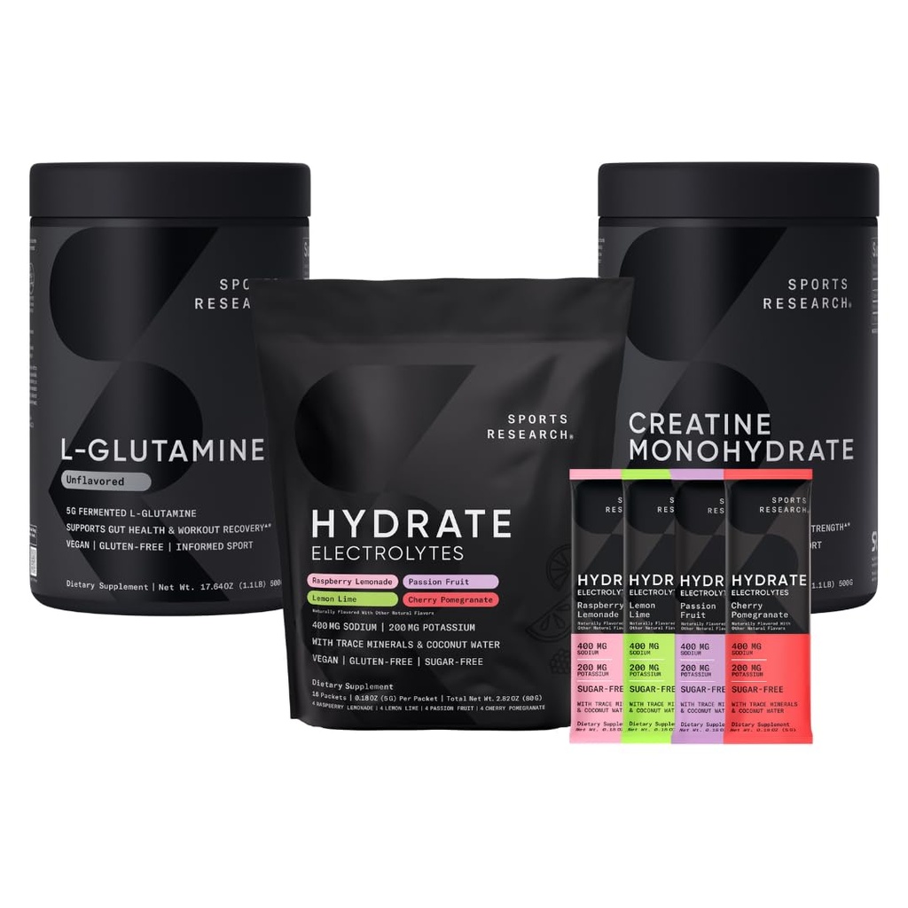 Sport Badania L- glutamina (1.1 lbs), bezcukrowy naturalnie pachnący wodór Electrolytes 16x Pakiety odmiany i jednowodny kreatora (1.1 lbs)