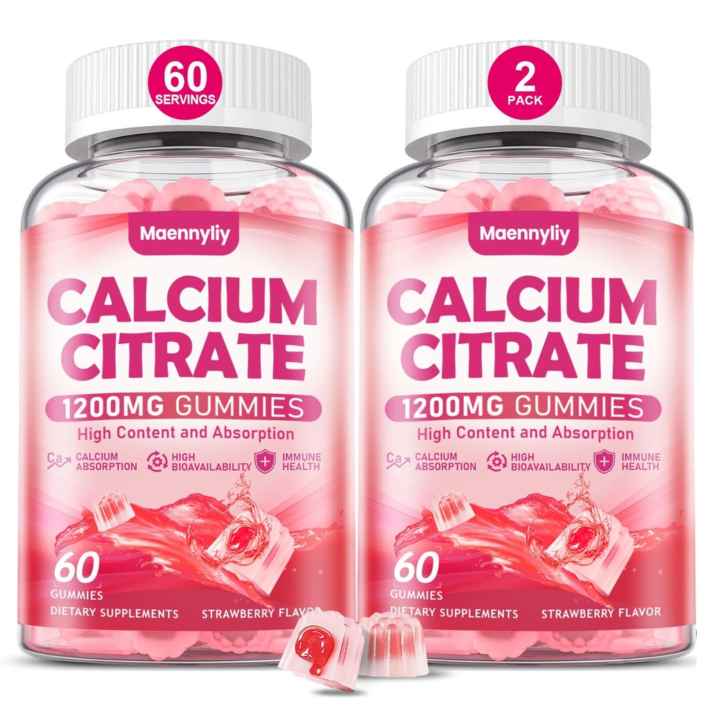 Gummies cytrynian wapnia 1200 mg dla dorosłych: Ultimate Absorption Calcium Supplement for Women & Men - Easy to Digest, Vegan, Non-GMO, Gluten Free - Natural Strawberry Flavor