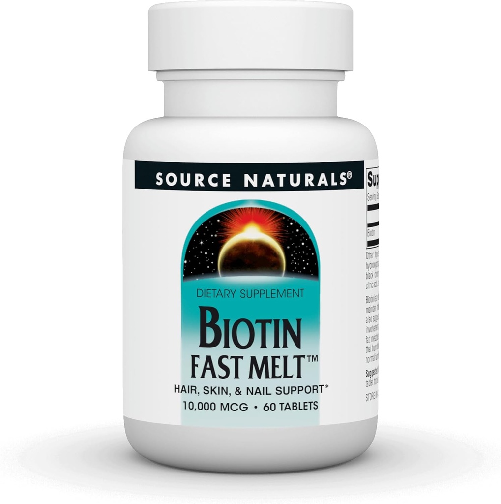 Źródło Naturals Biotin Fast Melt, Support skóry włosów i paznokci *, 10 000 mg - 60 tabletek Fast Melt