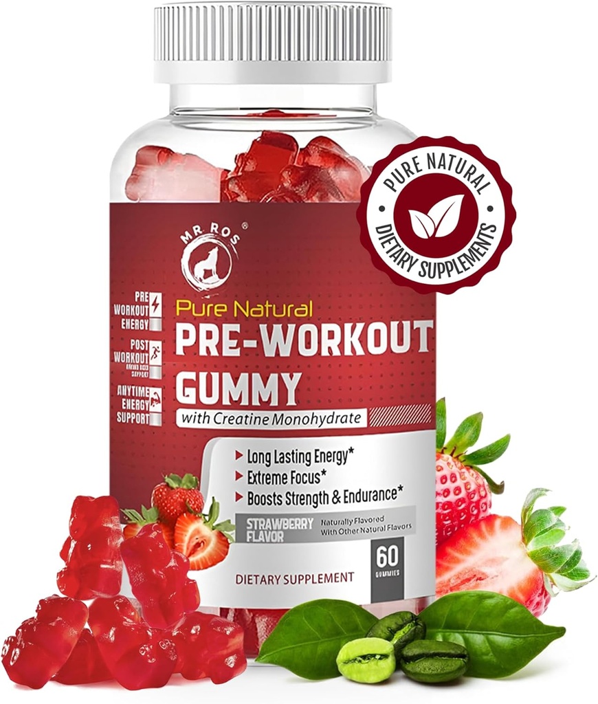 Pure Natural Pre- Trening Gummies z ekstrakt z jednowodzianu i zielonej kawy - Energia, Focus, Endurance Boost, Strawberry Flavor, 60 Gummies