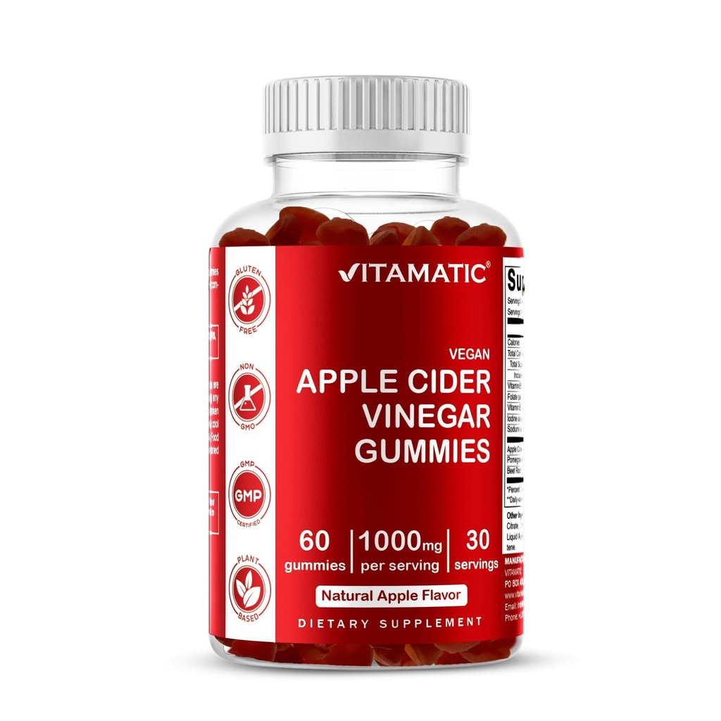 Cydr Vitamatic Jabłkowy Gummies Vinegar - 1000mg na serwowanie - 60 Gummies wegańskich - Gummies ACV dla Detox, Wsparcie utraty wagi, Energy Boost, Pokarm & Gut Zdrowie