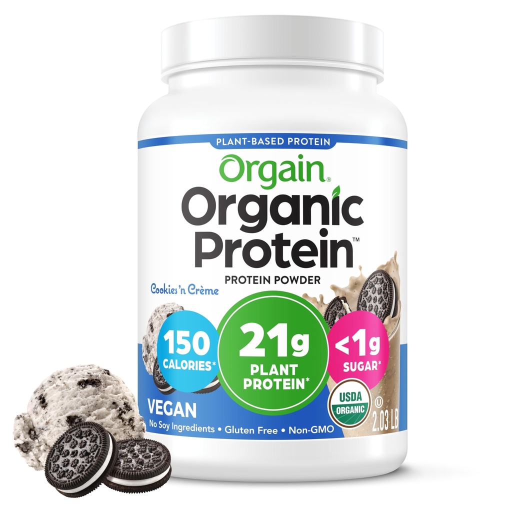 Orgain Organic Vegan Protein Powder, Cookies & Cream - 21g Białko roślinne na bazie, 7g włókno prebiotyczne, niskonetto węglowodory, brak składników laktozy, Nie dodano cukru, Nie-GMO, Dla shakes & Smoothies, 2.03 lb