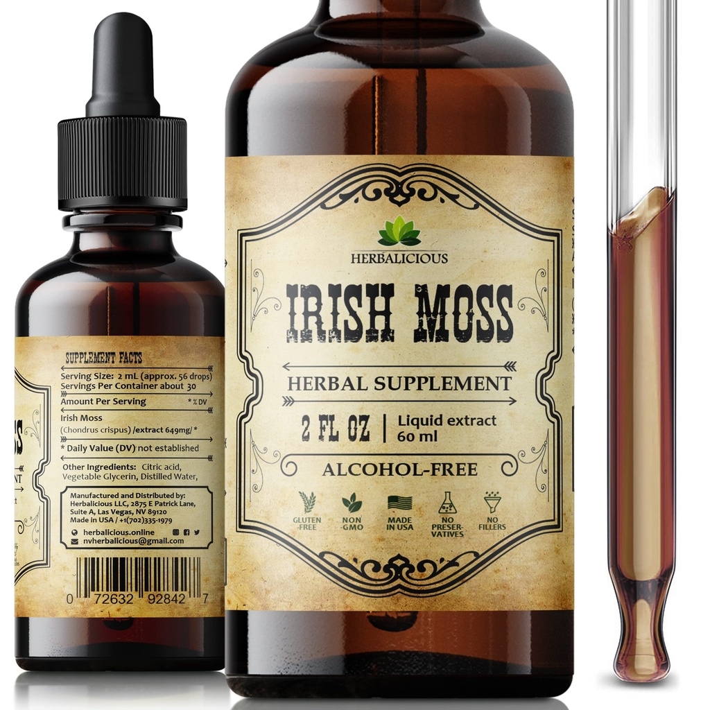 Irish Sea Moss Raw Organic Drops - Natural Irish Sea Moss Extract for Thyroid Support, Trawienie & Energia - Liquid Dietetic Supplement - Vegan, Non-GMO - 2oz Bottle