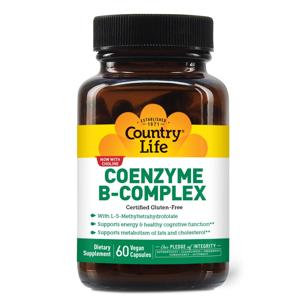 Country Life Koenzym B- Complex, 60 Kapsułki - Wspiera Energia i Metabolizm, Mood & Cognitive Function - Wegan, Bez glutenu, Biodostępne witaminy B z Choliną