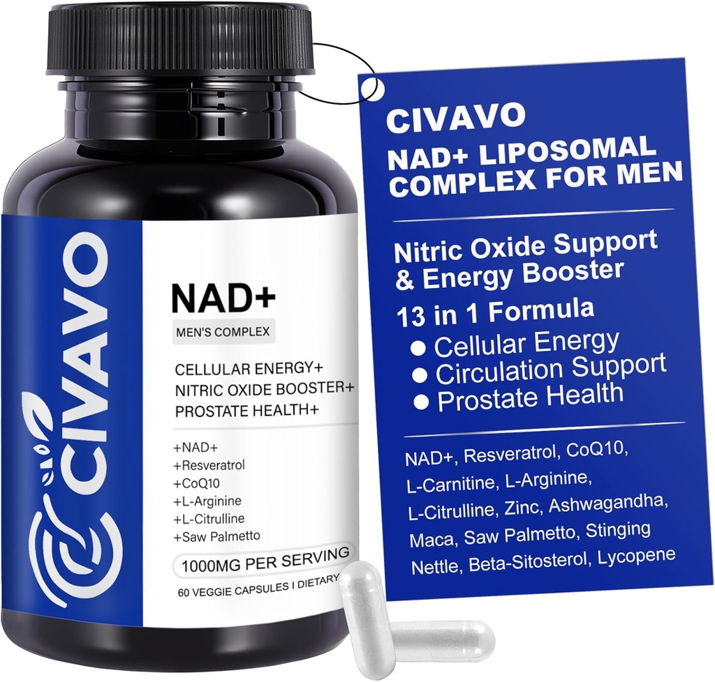 NAD + Suplement dla mężczyzn 1000mg, NAD + z Resveratrol, CoQ10, L-Citrulline & Maca Root - Energia komórkowa, Zdrowe wsparcie starzenia, Przeciwutleniacz, Nitric tlenek Prostate Health for Men - 60 Kapsułki
