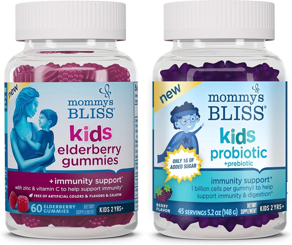 Mamusi Bless Kids Elderberry Gummies 60 Count (Pack of 1), i Dzieci Probiotyczne + Prebiotyczne Gummies 45 Count (Pack of 1), Wsparcie dla dzieci Immunitet i zdrowe trawienie