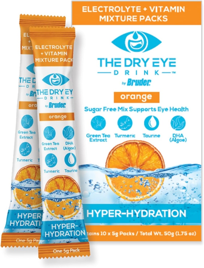 l Ultimate Hydration for Dry Eyes l Sugar-Free Electrolyte Powder Packets l Blended with Vitamins, Green Tea, Turmeric, Taurine, and DHA l 5g x 10 Packets (Orange)