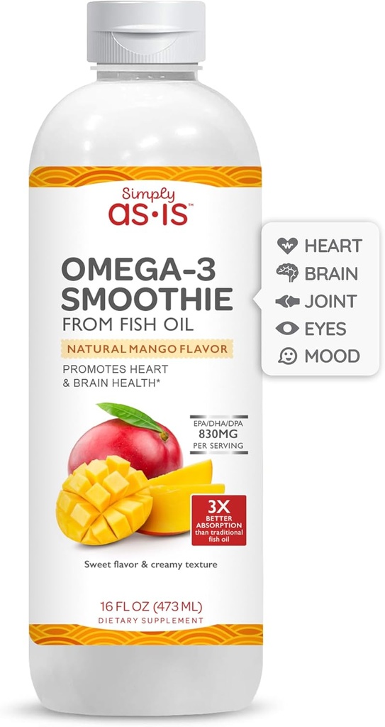 AS- IS Po prostu 16 fl oz (31 Służenia) 124; Omega-3 Smoothie z oleju rybnego 124; Promotes Heart & Brain Health 124; Dairy & Sugar Free 124; Natural Mango Flavor