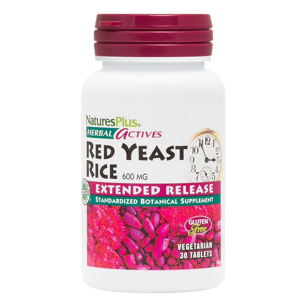 Natury Plus Herbal Actives Red Yeast Rice, Rozszerzone wydanie - 600mg, 30 Wegańskie tabletki - Ziołowy suplement - Wegetariański, Gluten- Free - 30 Servings