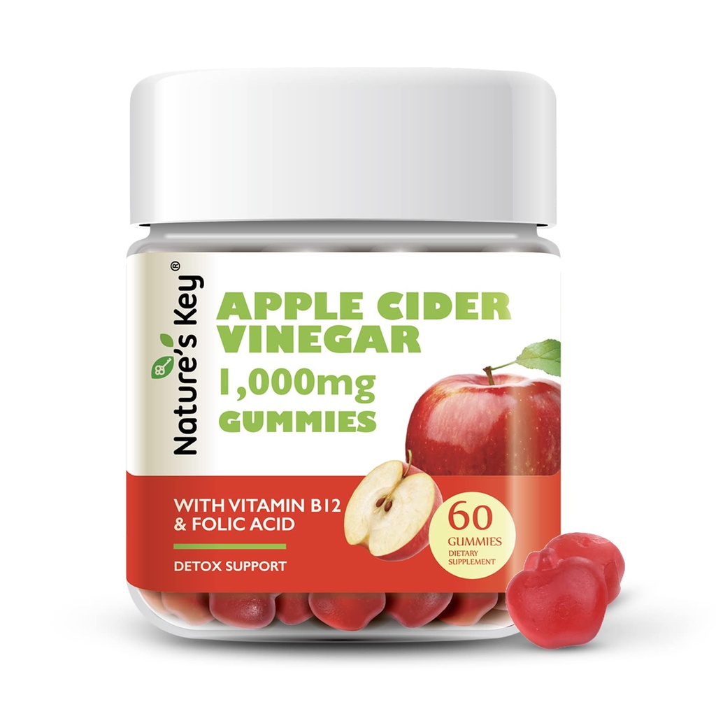 Nature 's Key Apple Cider Gummies Vinegar -1000mg 60 Count, for Weight Loss, Trawienie, Natural Detox & Cleanse Bis124; Wegan, Non-GMO, Gluten Free 124; z Folic Acid Witamina B6 B12 Pomegranat buraków