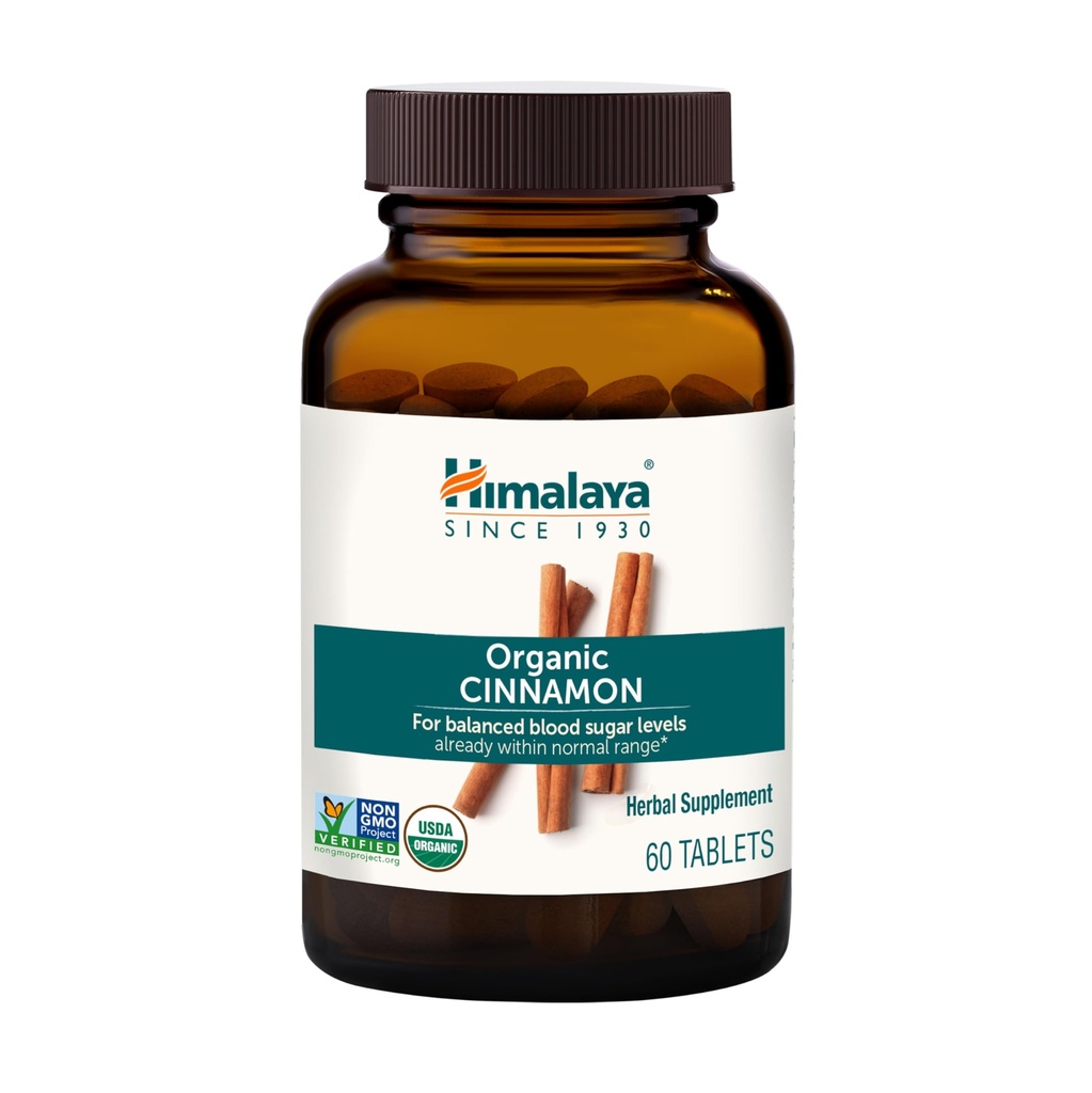 Himalaja Organic Cynamon, 30 Day Supply - Herbal Glucose Metabolizm Wsparcie - USDA Organic, Non-GMO, Wegan, Gluten Free, 1100 mg, 60 Tabletki