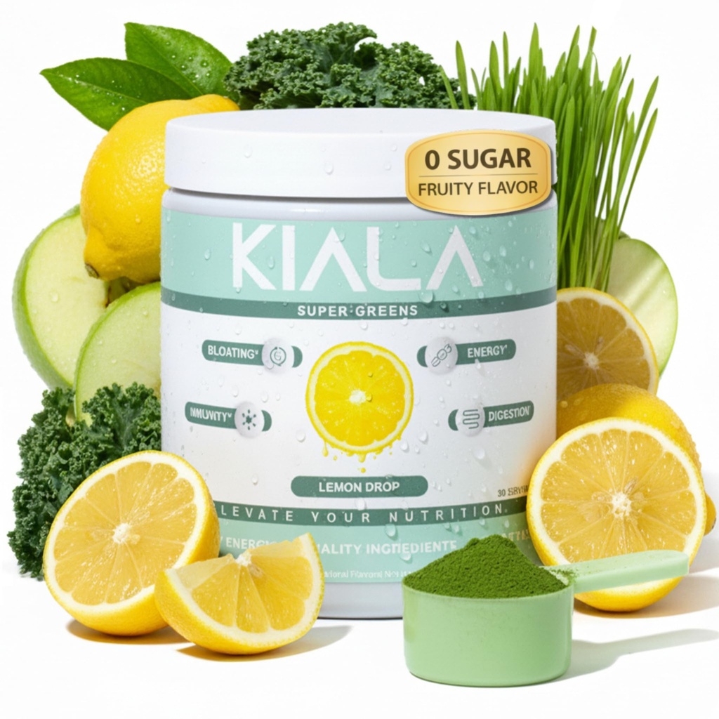 Kiala Nutrition Super Zielone, Organic Zielonych Proszek z Spirulina & Chlorella do trawienia, Gut Zdrowie, Immunitet, Energia, Gluten Free, Wegan, Cukier wolny, Spectra Mieszanka, Lemon Drop, 30 Słupki