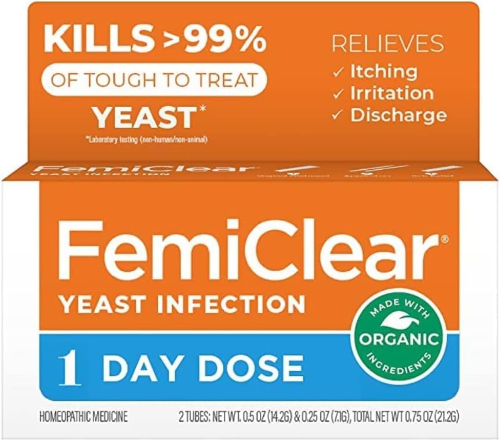 FemiClear 1- Day Dose Yeast Infection Evidence 124; Yeast Infection Relief Evidence 124; Homeopatic Solution for Feminine Health Evidence 124; 0.25oz Zapach drożdży, 1 Wnioskodawca i 0.5oz Maść