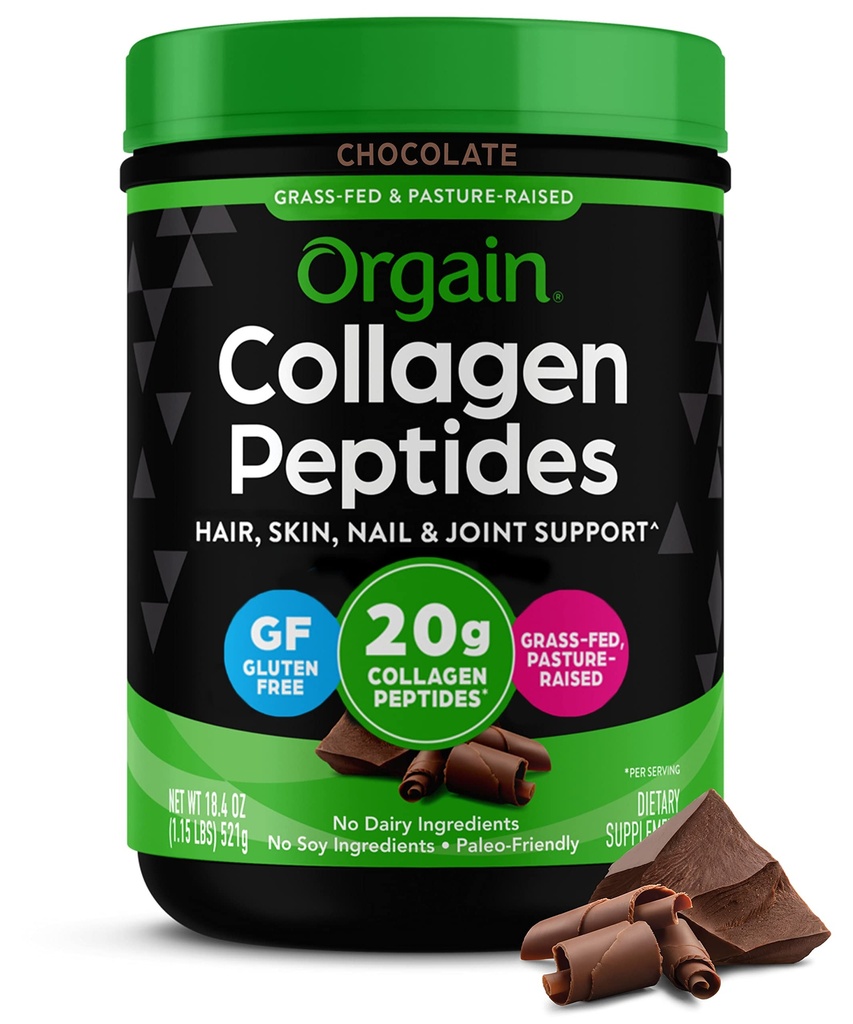 Orgain Zhydrolizowane Peptydy z peptydów w proszku dla kobiet i mężczyzn, Czekolada, 20g Kolagen z trawy - Włosy, Skóra, Nail, & Suplement wsparcia wspólnego, Paleo & Keto, Non-GMO, Typ I i III, 1lb