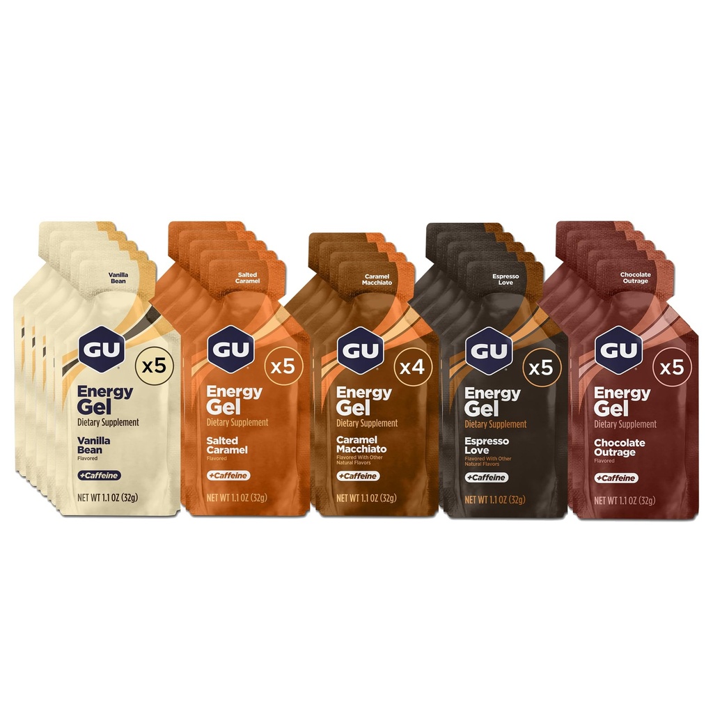 GU Energy Original Sports Nutrition Energy Gel, Wegan, Gluten- Free, Kosher, i Dairy-Free On- The- Energy for Any Workout, 24- Count, Assorted Indulgent Flavors