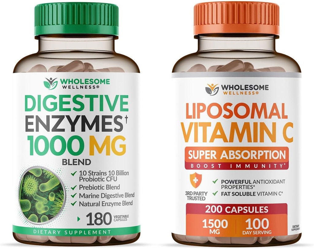 Zdrowy Wellness Digestive Enzymes 1000MG Plus Prebiotyki i Probiotyki + Liposomalna Witamina C Kapsułki (200 Tabletki 1500mg Buforowany)