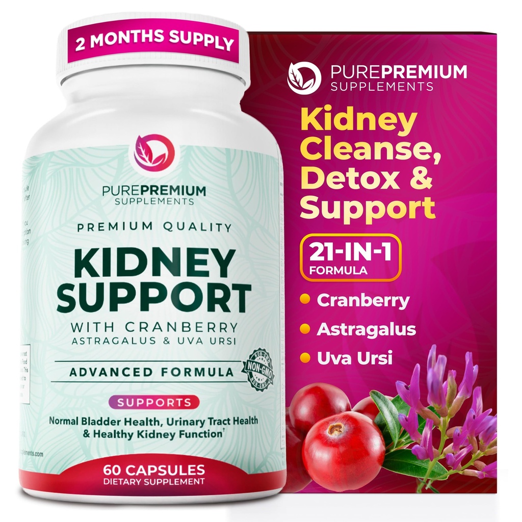 PurePremium Nerki Supplement Supplement - Nerki Cleanse Detox & Naprawa z Cranberry Extract & Astragalus - 21- in-1 Complex Supports Normal Bledder, Trakt moczowy & Nerki Zdrowie - 60 Day Supply