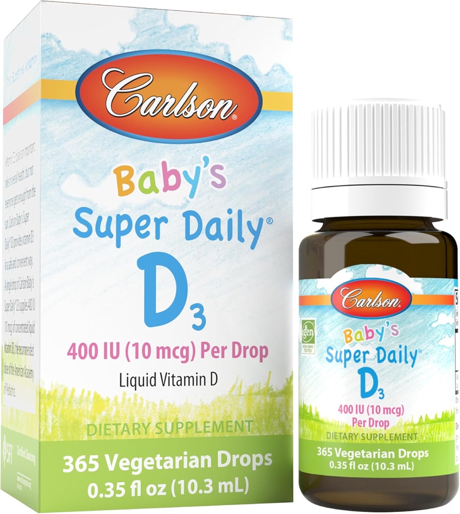 Carlson - Baby 's Super Daily D3, Baby Witamina D Drops, 400 IU (10 mcg) za kroplę, 1-Rok dostaw, wegetariańskie, Płynna Witamina D dla niemowląt i dzieci, Nieflawored, 365 Krople