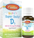 Carlson - Baby 's Super Daily D3, Baby Witamina D Drops, 400 IU (10 mcg) za kroplę, 1-Rok dostaw, wegetariańskie, Płynna Witamina D dla niemowląt i dzieci, Nieflawored, 365 Krople