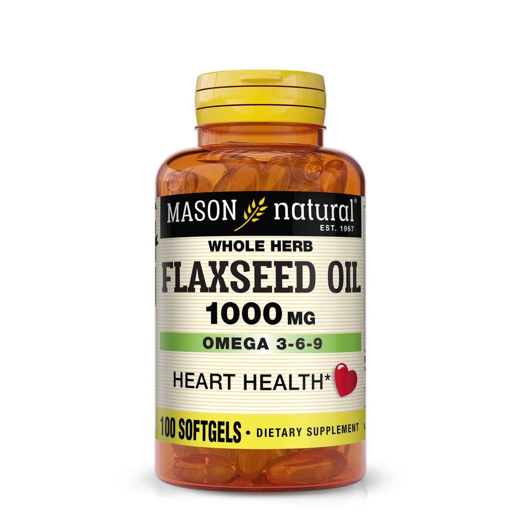 MASON NATURAL Flaxseed Oil 1000mg - Omega 3- 6- 9 Softgels for Heart Health - Cold- Pressed Whole Herb Supplement - Gluten- Free, Non-GMO, 100 Softgels