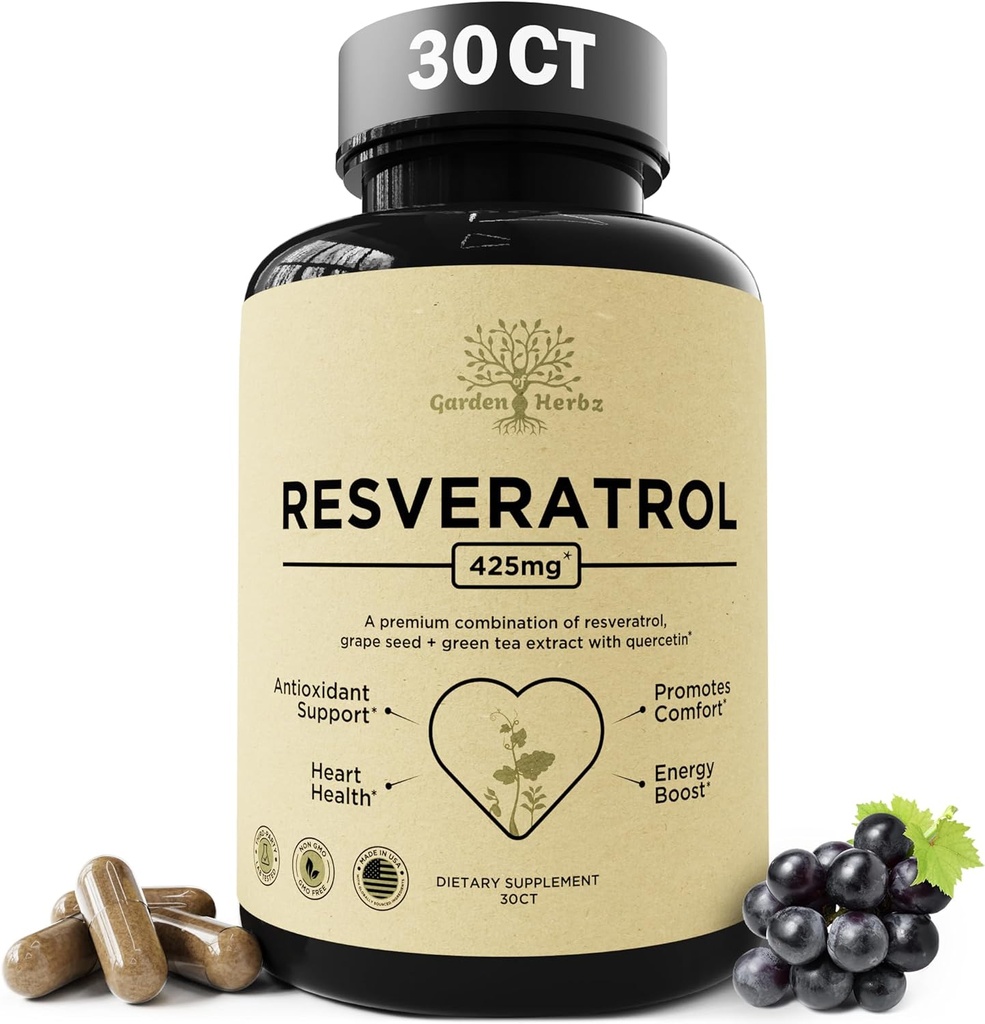 Quercetin & Resveratrol Supplement with Grape Seed - 425mg Herbal Antioksydant & Wellness Support - Polifenole i Mieszanka odżywcza dla zdrowia ogólnego, 30Ct