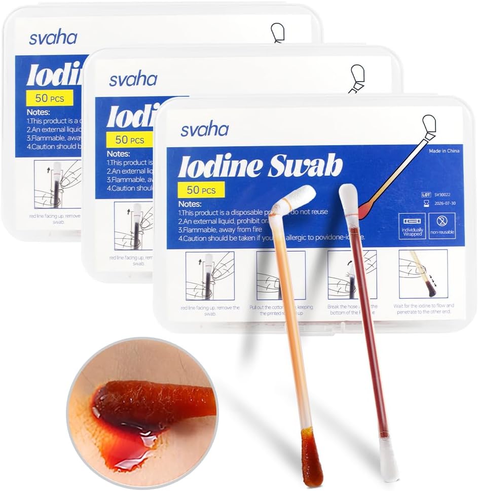Povidon Jod Swabs - 150 Sticks Sterylny Jod Swabsticks, Indywidualnie zapakowane Cotton Swabs, Roztwór wypełniony do czyszczenia rany, Pierwsza pomoc, Podróże