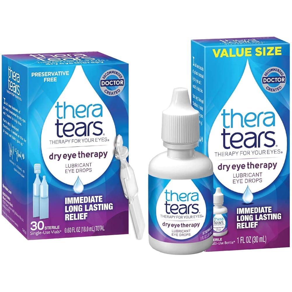TheraTears Dry Eye Therapy Lubrykating Eye Drops for Dry Eyes, Conservative Free Eye Drops, 30 Pojedyncze używać Fiolki i Suchy Eye Therapy Eye Drops for Dry Eyes, 1.0 Fl Oz
