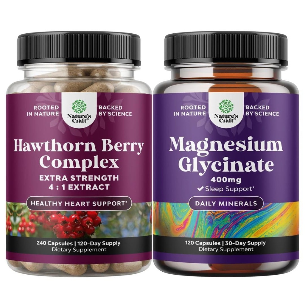 Nature Craft Bundle of Extra Strength Hawthorn Berry Kapsułki - Wyciąg trawienie i suplement zdrowia serca i czysty glicynian magnezu 400mg na serwowanie do snu i relaksacji nastroju