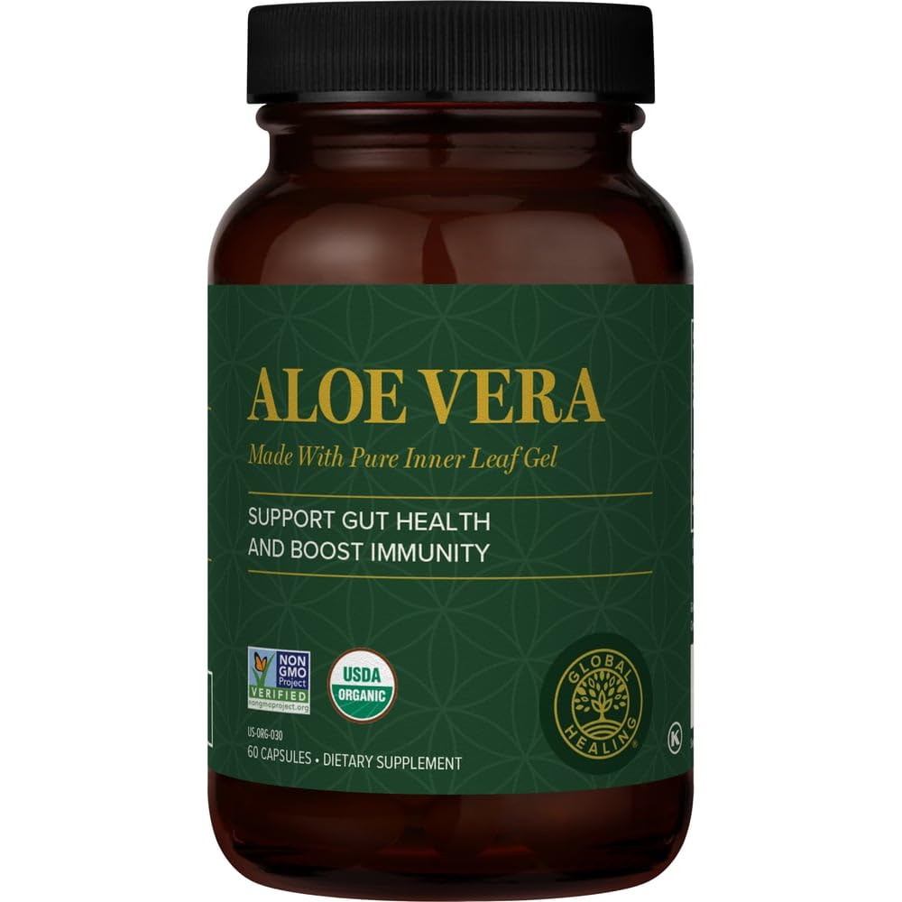 Global Healing Aloe Vera Bio-Active Organic Leaf Supplement - 200x Concentrate Formula with Highest Concentration of Acemannan - Aloin-Free - Gut Health & Immune Support - 60 Capsules