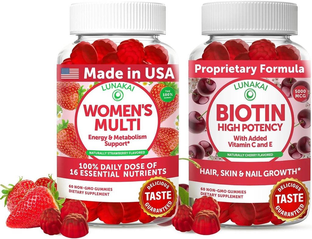Lunakai USA Made Womens Multivitamin & Biotin Gummies Bundle - Energia i włosy, Skóra, Wsparcie paznokci - Naturalny aromat - 60 Non-GMO Gummies Każdy