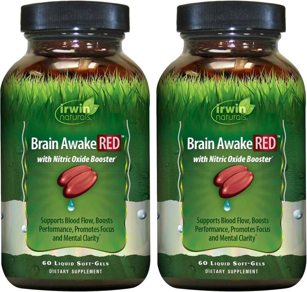 Irwin Naturals Brain Awake RED z Nitric Oxide Booster - 60 Płynne żele soft-, Pack of 2 - Wsparcie zdrowia mózgu & Optymalizacja wydajności - 40 Łączne służby