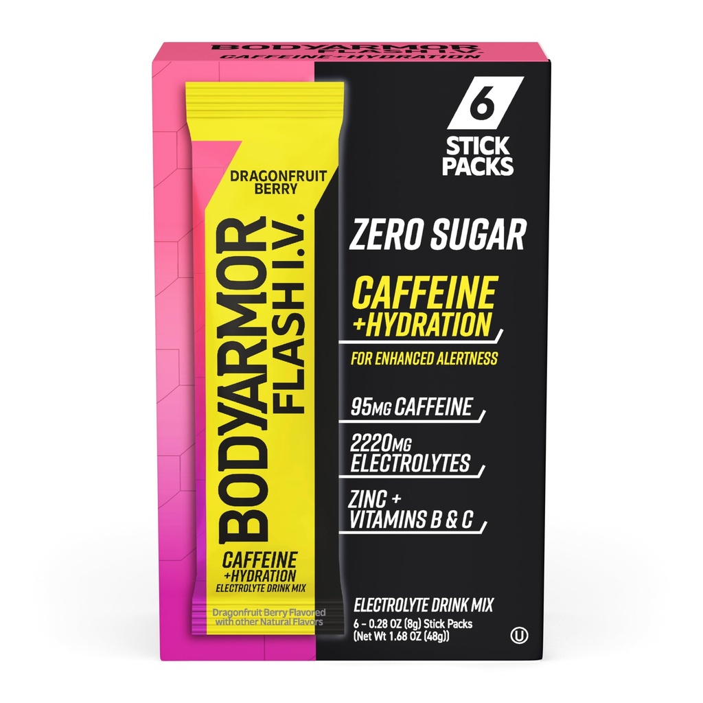 BODYARMOR Kofeinowane Flash I.V. Pakiety elektrolitów - Wisienka dragonfruit - Zero Sugar Energy Drink Mix, Pojedyncze serwy Pakiety, Hydration for Pre Workout, Travel Essentials, Aktywny styl życia (6 Count)