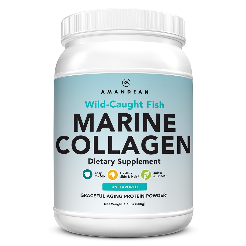 AMANDEAN Marine Collagen Peptydes Powder. Podwójna hydrolizowana w celu zwiększenia wchłaniania. "Wild- Caught Fish Collagen Supplement". Typ 1 i 3 Białko Kolagenowe. 18 Aminokwasy na skórę, włosy, paznokcie.