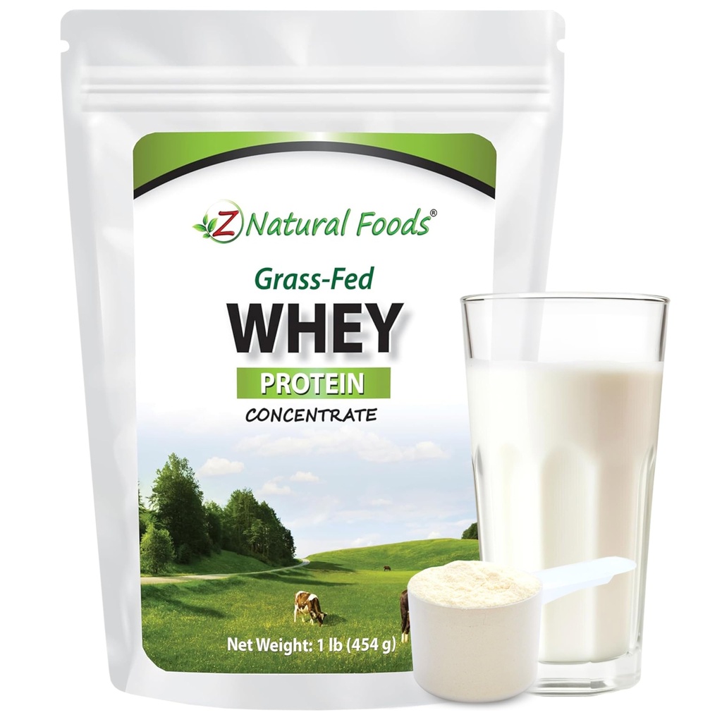 Z Natural Foods Grass- Fed Koncentrat białka serwatki - Czysty proszek białka serwatki z Nowej Zelandii - Przetworzony na zimno czysty białko serwatki z esencjonalnymi aminokwasami dla odżywiania i sprawności, Unflavored, 1 lb