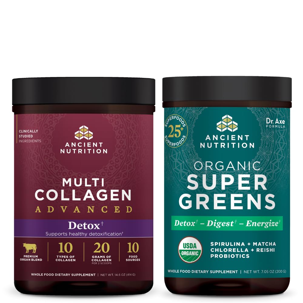 Ancient Nutrition Multi Collagen Advanced Powder Cleanse & Detox, Unflavored, 36 Servings + Organic SuperGreens Powder, Zielony Flavor, 25 Servings