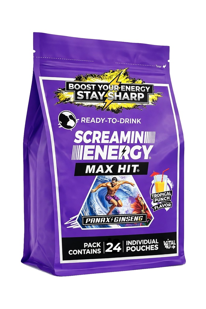 Screamin Energy Max Hit Tropical Punch Flavor - Maksymalna siła Sugar Free Energy Shot z Ginseng, Witaminy B i Kofeina - 24 Count