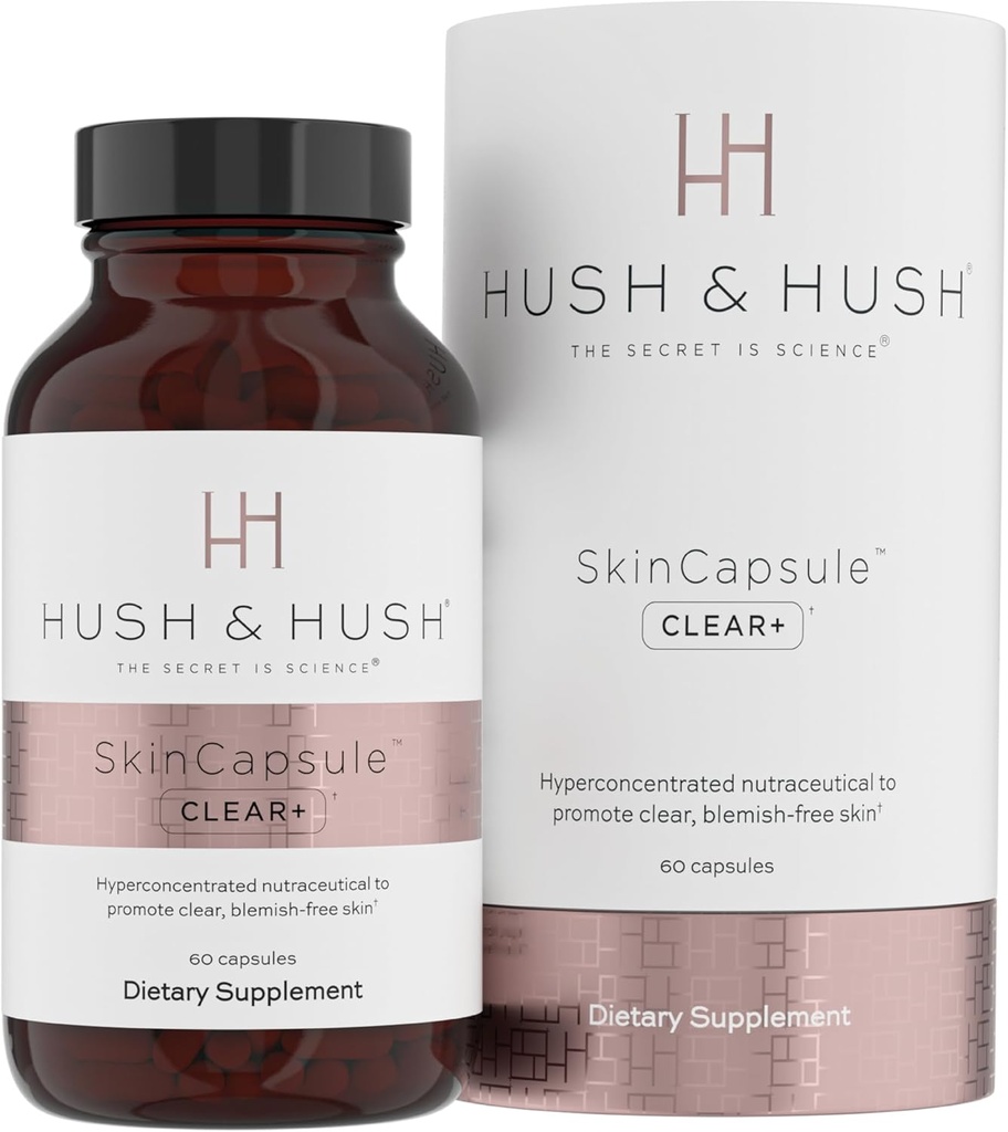 Cicho i cicho SkinCapsule ™ Clear +, Suplement do pielęgnacji skóry, Wegan, Trądzik Leczenie twarzy, Czyste suplementy Nutraceuticals, które zawierają witaminę A, Turmeric, Dandelion Root, Cynk - 60 Kapsułki