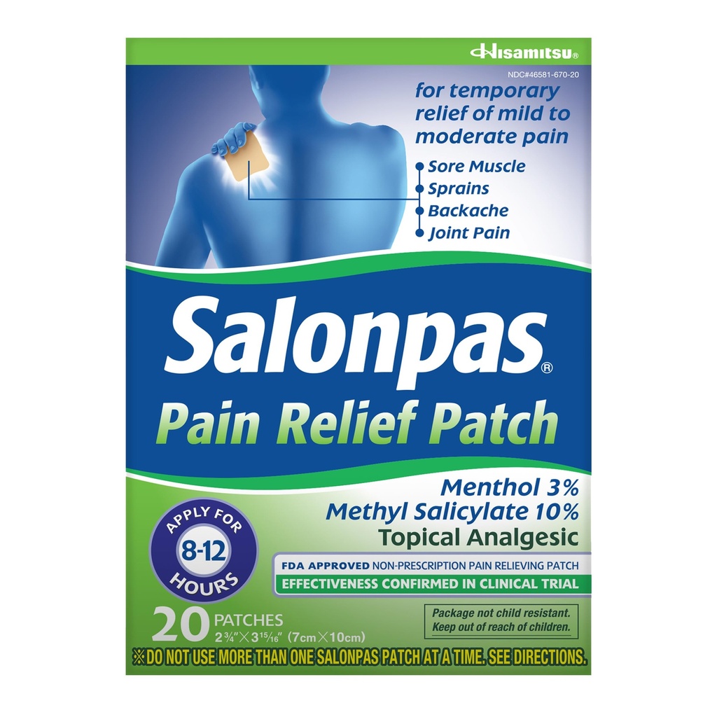 Salonpas Pain Relief Patch, 20 Count (Pack of 1), do 12 Hours Tymczasowa ulga łagodny ból, ból pleców, ból mięśni, szprychy, siniaki