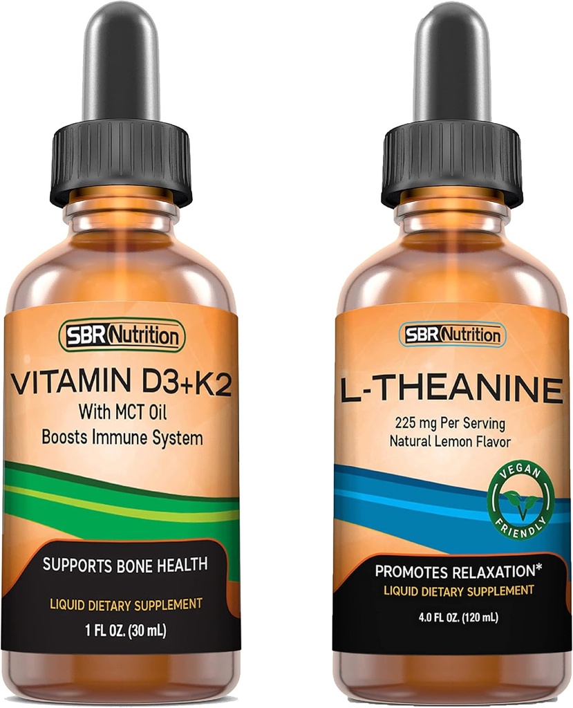 SBR Nutrition D3+K2 and L-Theanine Bundle Vitamin D3K2 (MK7) Liquid Drops, Peppermint, 1oz | L theanine 225mg Liquid Drops, 2oz | for Adults & Kids | Non-GMO, Gluten Free