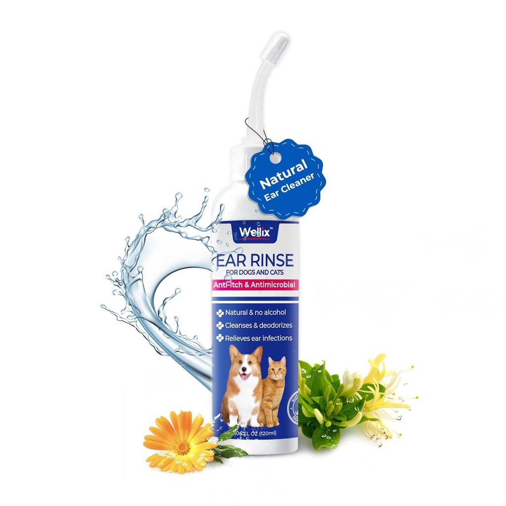 Wellix 120 ml Oczyszczacz do uszu dla psów i kotów - Leczenie zakażenia ucha bez podrażnienia - Mycie ucha psa dla łagodzenia swędzi i kojącego zapalenia - Wosk do uszu, proszek i odór