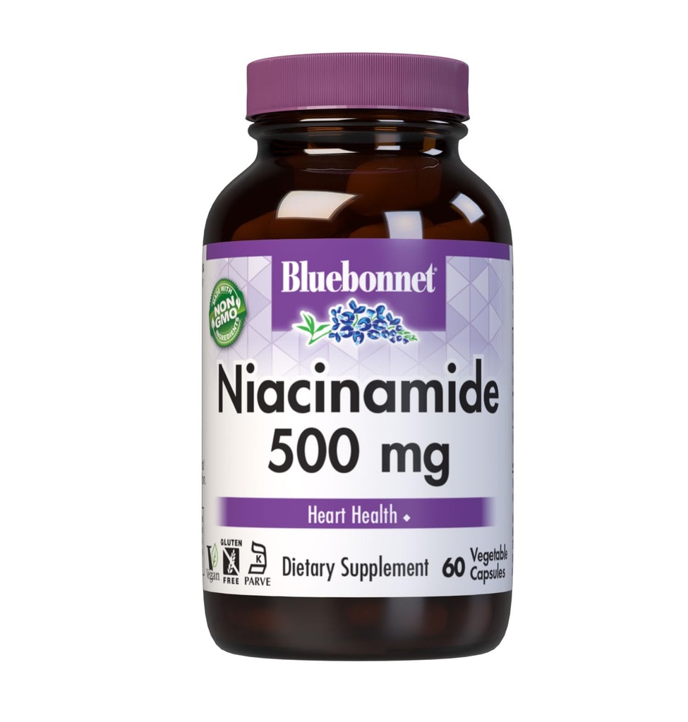 Bluebonnet Nutrition Niacinamid 500mg, Wspiera zdrowie układu sercowo-naczyniowego *, Soyfree, Gluten- Free, Non-GMO, Kosher Certified, Dairy- Free, Wegan, 60 Kapsułki roślinne, 60 Służenie
